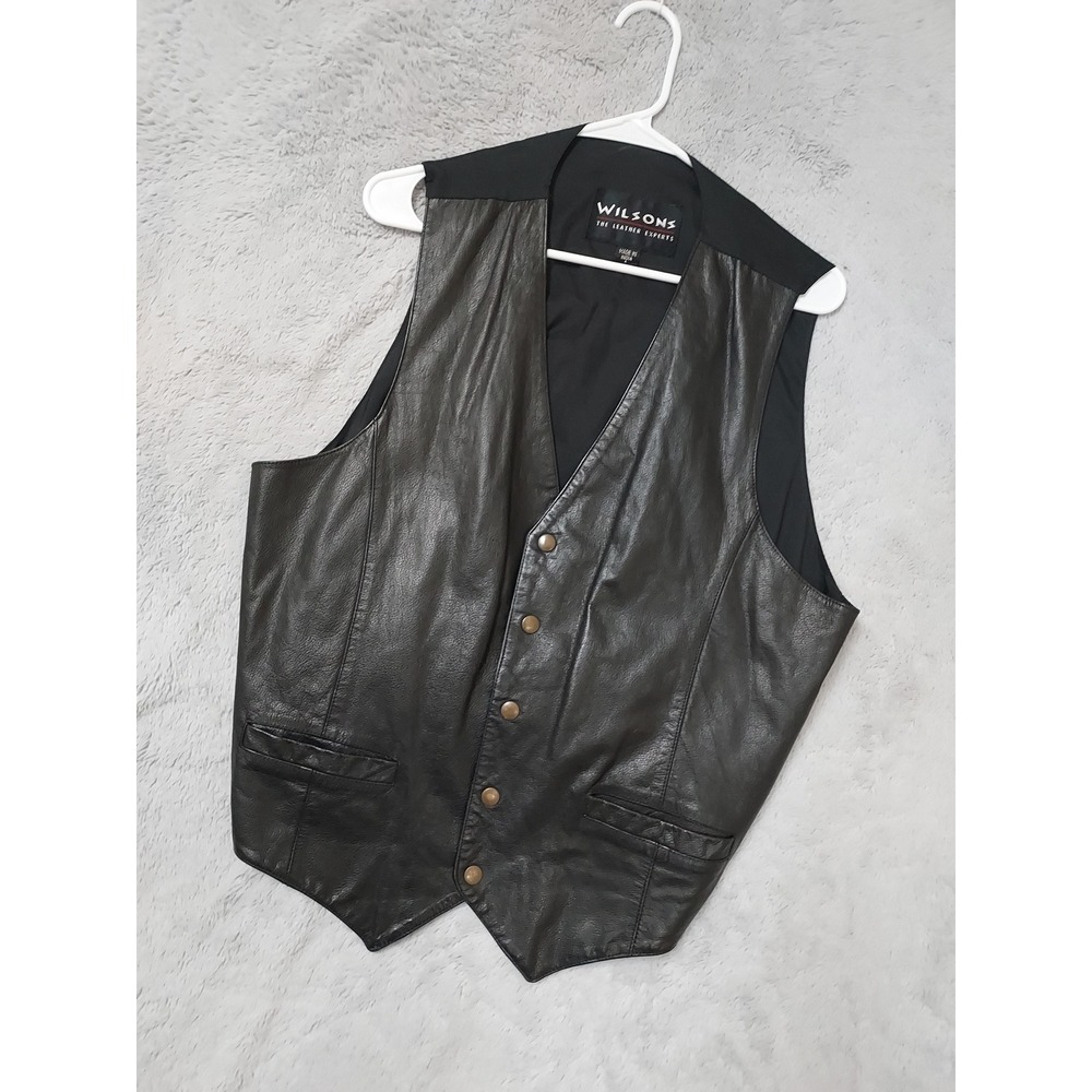 Wilsons Leather Vest Mens Large Button Front Biker Motorcycle Black Waist Coat